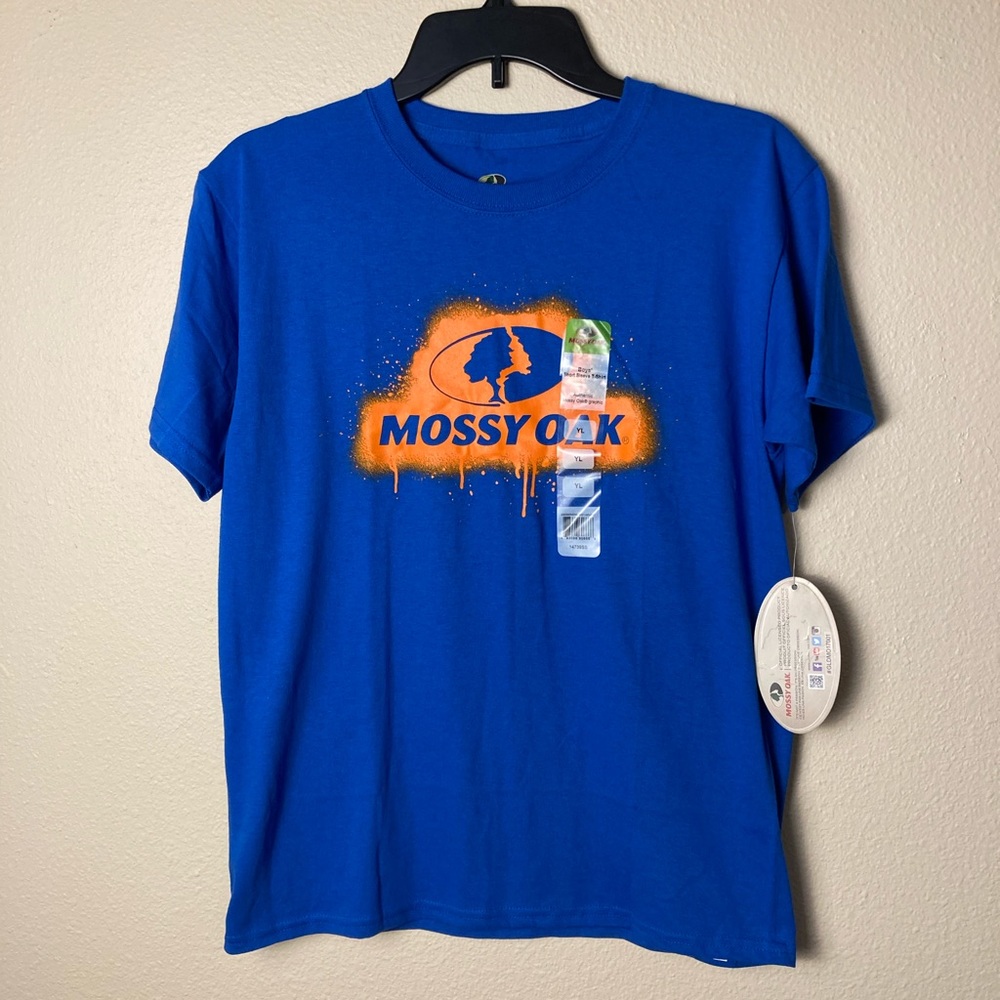 Mossy Oak Boys T Shirt Blue Short Sleeve Youth Small Orange Graphic